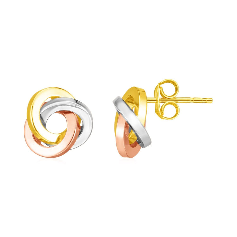 14k Tri Color Gold Love Knot Earrings 14K tri-color gold love knot ring with interwoven yellow, white, and rose strands
