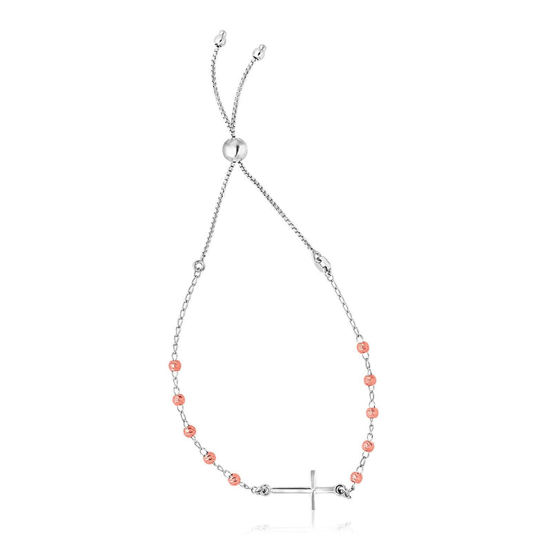 Sterling Silver White and Rose Finish Adjustable Bracelet with Cross Sterling Silver White and Rose Finish Adjustable Bracelet with Cross