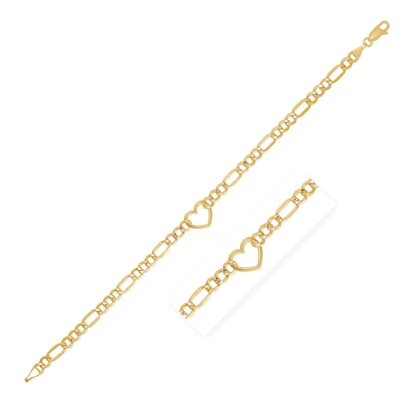 14k Yellow Gold 7 inch Figaro Chain Bracelet with Heart 14K yellow gold Figaro chain bracelet with heart charm, 7 inch length