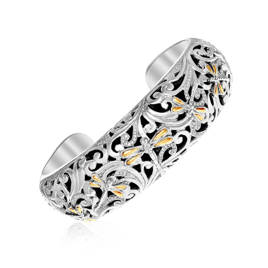18K yellow gold dragonfly cuff bangle with diamond accent stones