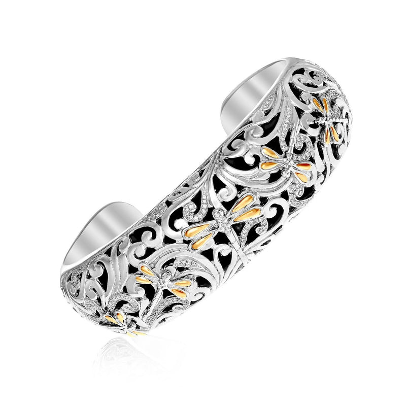 18k Yellow Gold & Sterling Silver Diamond Accent Dragonfly Cuff Bangle 18K yellow gold dragonfly cuff bangle with diamond accent stones