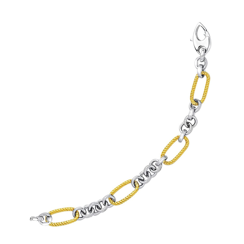 14k Two-Tone Gold Bracelet with Cable Textured Oval and Round Links 14K two-tone gold bracelet with cable textured oval and round links