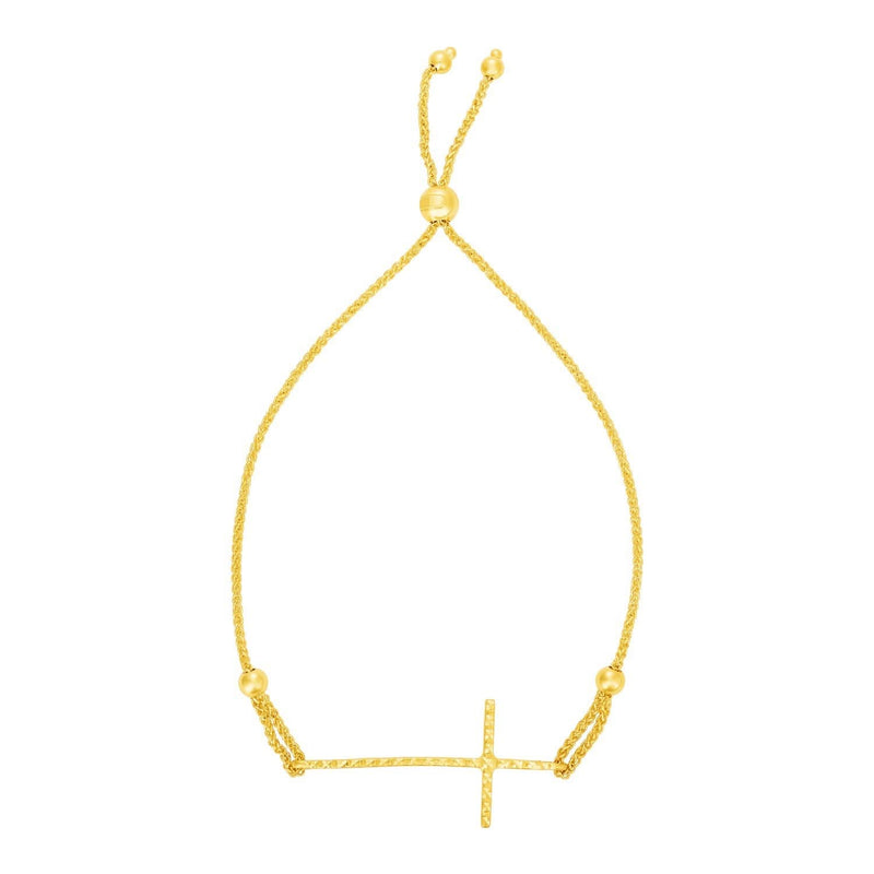 Adjustable Bracelet with Textured Cross in 14k Yellow Gold 14K yellow gold bracelet with textured cross and adjustable slide closure