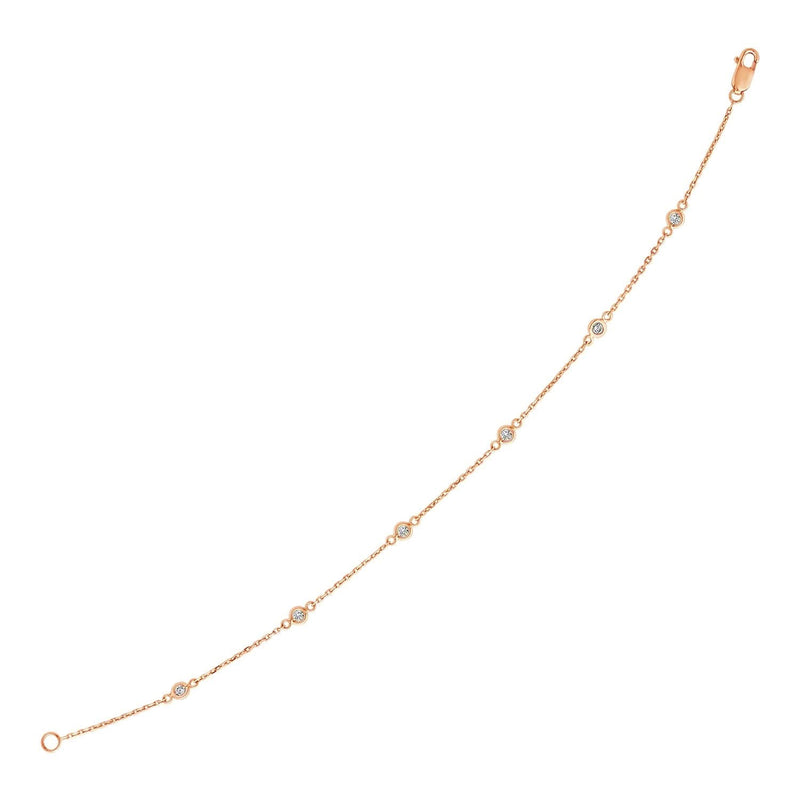 14k Rose Gold 7 inch Bracelet with Diamond Stations 14K rose gold bracelet with round diamond station stones