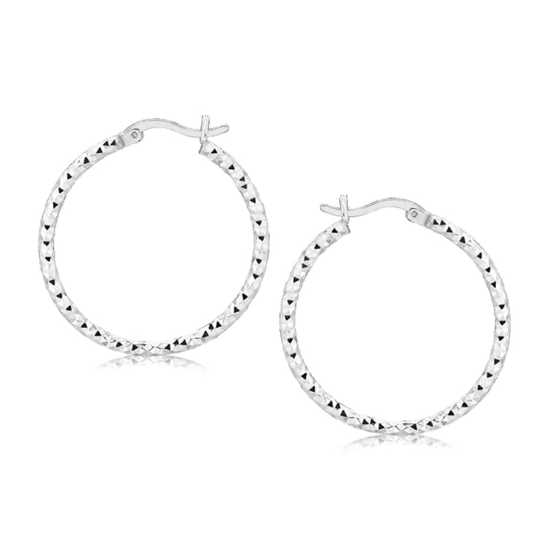 Sterling Silver Faceted Motif Hoop Earrings with Rhodium Plating Sterling Silver Faceted Motif Hoop Earrings with Rhodium Plating