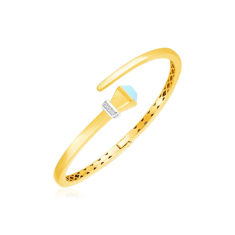 14k Yellow Gold Crossover Style Hinged Bangle Bracelet with Turquoise and Diamonds 14K yellow gold crossover bangle with turquoise and diamond stones