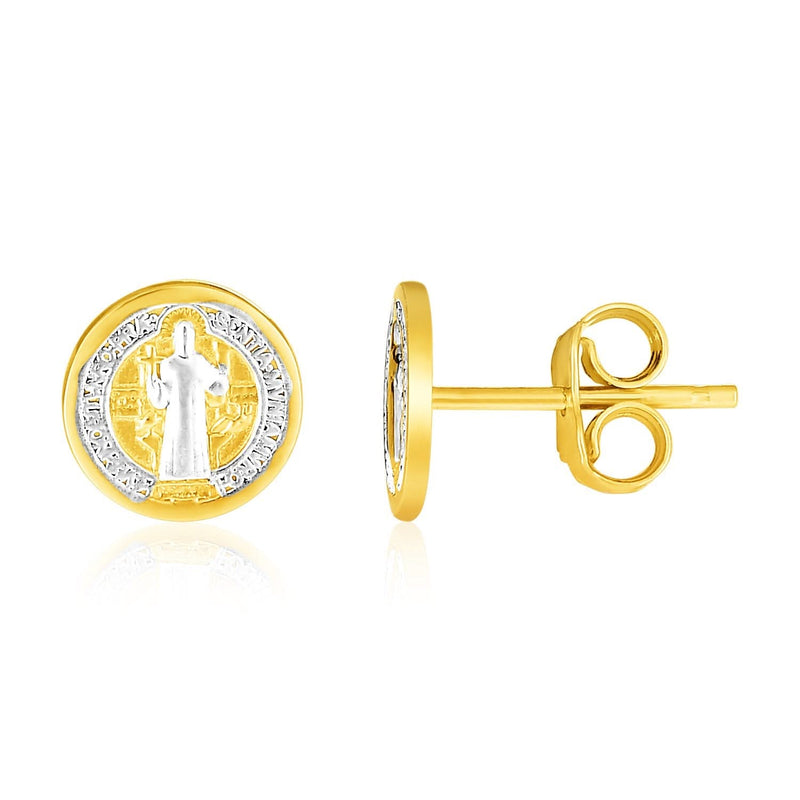 14k Two Tone Gold Round Religious Medallion Post Earrings 14K two-tone gold round religious medallion post earrings
