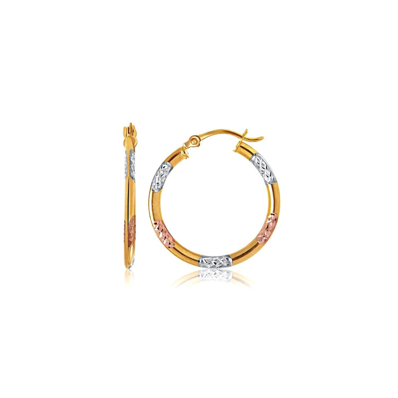 10k Tri-Color Gold Classic Hoop Earrings with Diamond Cut Details 10K tri-color gold hoop earrings with diamond-cut faceted detailing