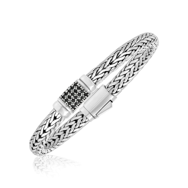 Sterling Silver Weave Style Bracelet with Black Sapphire Accents 925 sterling silver woven bracelet with black sapphire accents
