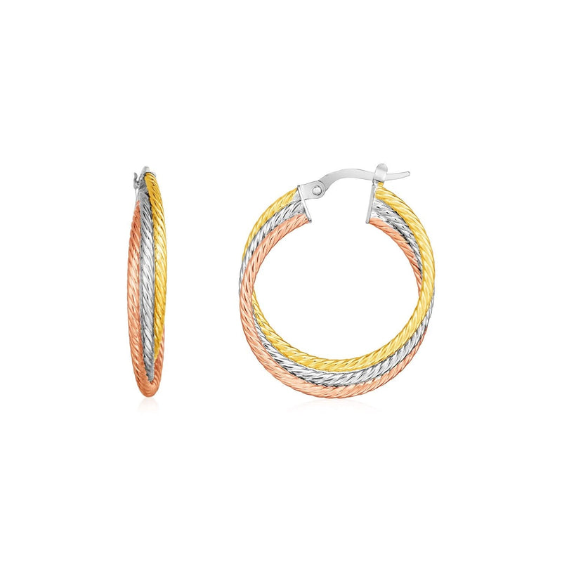 14K tri-color gold round hoop earrings in yellow, white, and rose gold