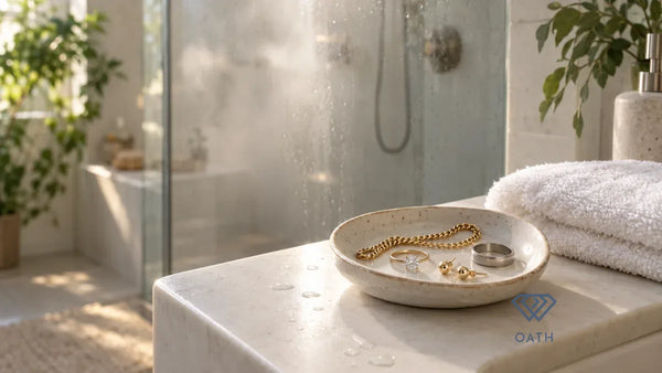Dish on a bathroom counter holding a diamond ring, solid gold studs, a gold chain and a platinum band beside a steamy glass shower