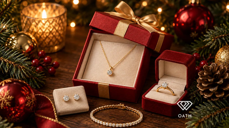 Gold diamond pendant, diamond stud earrings, tennis bracelet and diamond ring in red holiday gift boxes