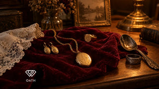 Does gold tarnish: bright gold locket, earrings and signet ring on oxblood velvet beside a tarnished silver spoon and ring