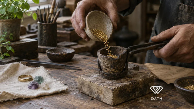 Goldsmith pouring recycled gold grains into a crucible beside uncut gemstones and a gold ring on linen