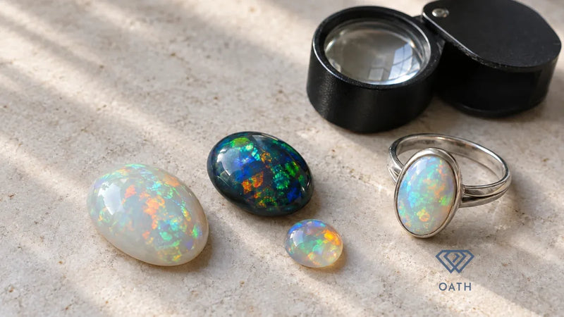 Loose white, black and crystal opal cabochons with a silver opal ring and a black jeweler's loupe on a pale stone surface