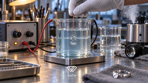 Gloved hand lowering a white gold ring into a rhodium plating bath at a jeweler's plating station