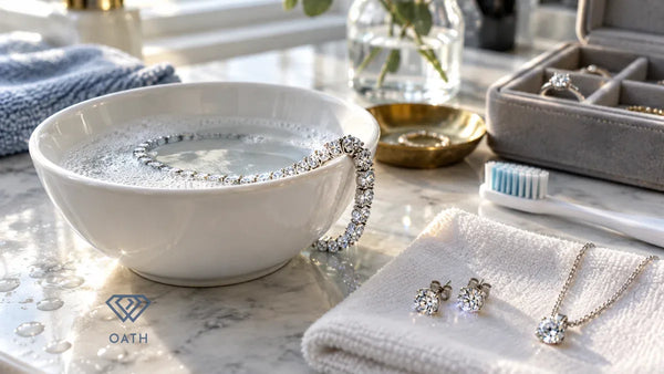Diamond tennis bracelet in a bowl of soapy water beside diamond earrings, a soft brush and a lined jewelry box for diamond jewelry care