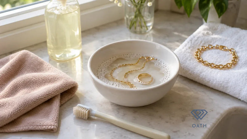 Gold chain and ring soaking in a bowl of soapy water beside a soft toothbrush, polishing cloth and a gold bracelet on a towel