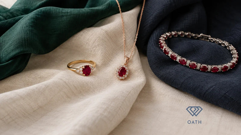 Yellow gold ruby ring, ruby pendant necklace and ruby bracelet styled on cream, emerald green and navy fabrics