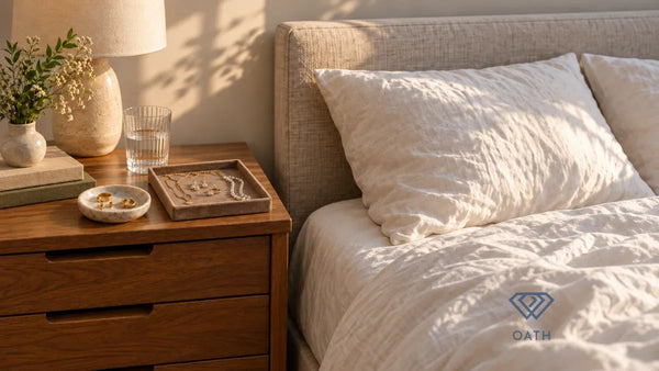 Bedside table with a velvet jewelry tray of a long gold chain, drop earrings, a prong diamond ring and pearls beside a stone dish of gold studs, huggie hoops and a plain band