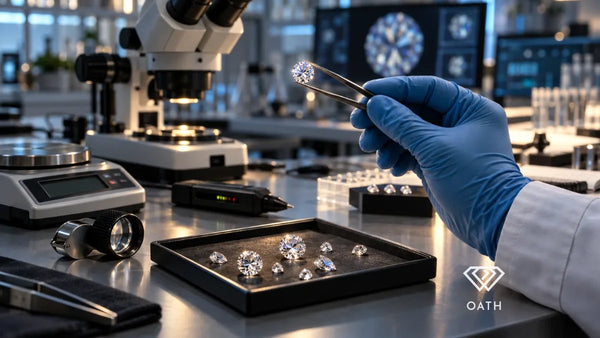 Gloved hand holding a round brilliant diamond in tweezers beside a microscope and tray of loose diamonds in a gem laboratory
