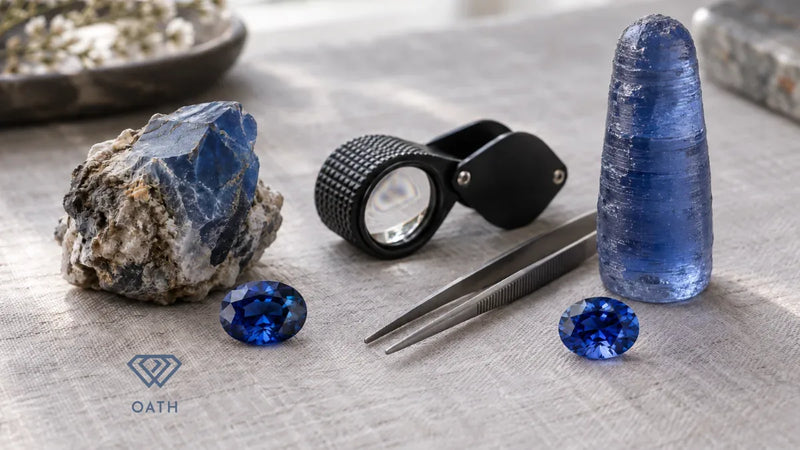 Rough natural sapphire in rock and a lab-grown sapphire boule, each beside a cut blue sapphire, with a loupe and tweezers
