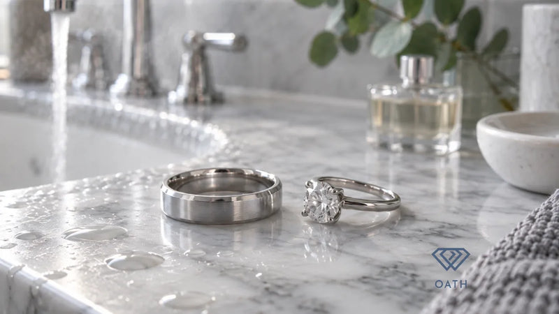 Platinum wedding band beside a white gold diamond solitaire on a marble bathroom vanity