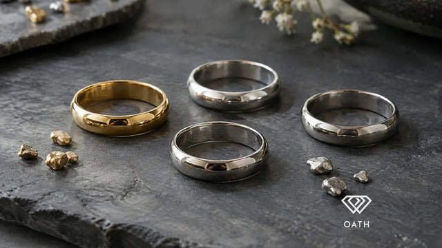 Yellow gold, sterling silver, platinum and palladium wedding bands compared side by side on slate