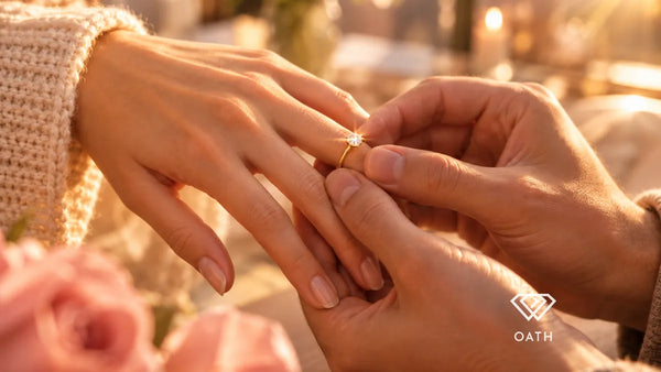 Gold promise ring with a small diamond being slipped onto her ring finger