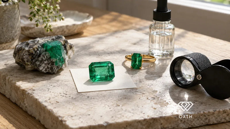 Loose step-cut emerald on a white card beside a gold emerald ring, rough emerald crystal, oil dropper and loupe