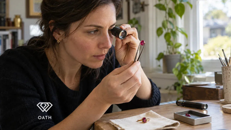 Woman examining a loose ruby with a jeweler's loupe and tweezers beside a gold ruby ring on a table