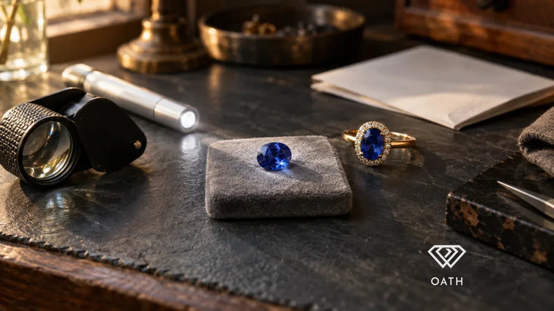 Loose blue sapphire on a velvet pad beside a gold sapphire ring, jeweler's loupe and penlight on a dark bench