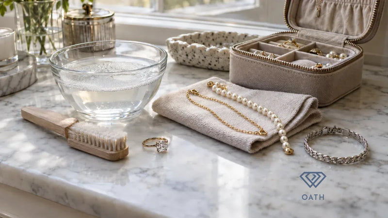 Fine jewelry care station with a diamond ring, gold chain, pearls and a silver bracelet beside a bowl of soapy water, a soft brush and a polishing cloth