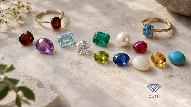 The twelve birthstones by month, from garnet to turquoise, with two gold birthstone rings