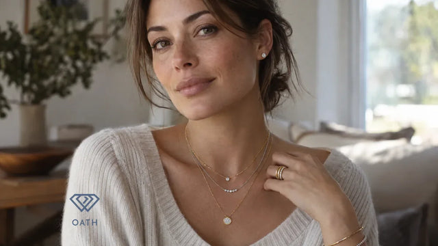Woman wearing layered gold and white gold necklaces with diamond studs and stacked rings