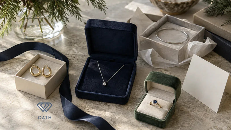 Fine jewelry gifts in open boxes: a diamond pendant necklace, gold hoop earrings, a silver bangle and a sapphire ring