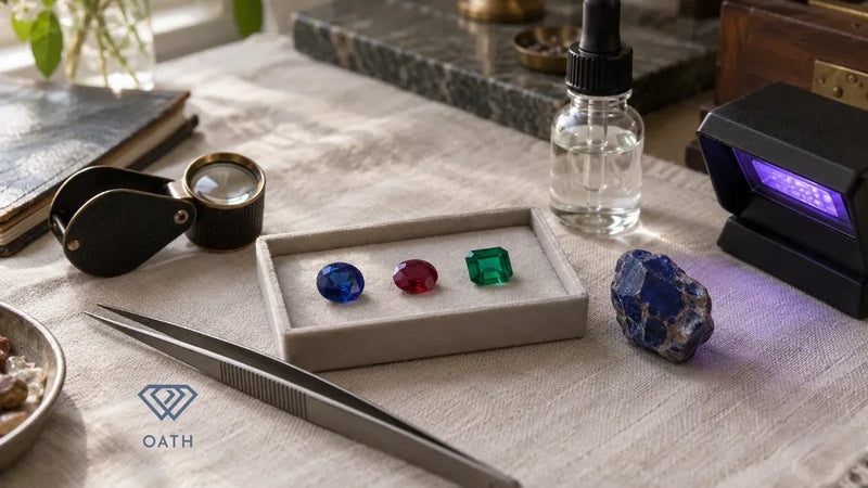 Loose sapphire, ruby and emerald in a tray beside a rough sapphire, oil dropper, loupe and UV lamp on a gemologist's bench