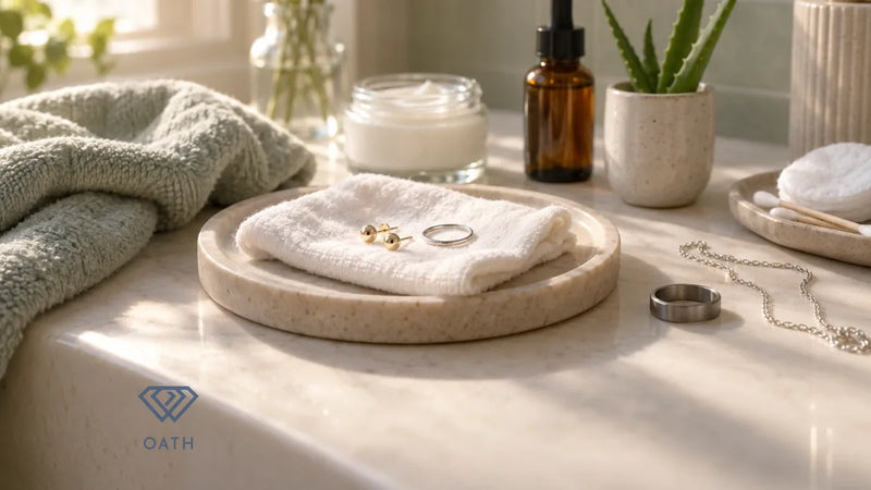 Gold stud earrings and a platinum band on a white cotton cloth in a stone tray on a calm bathroom vanity with aloe and skincare