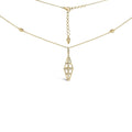 14K yellow gold necklace with round diamond stones in a double pyramid pendant