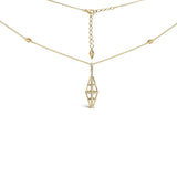 14K yellow gold necklace with round diamond stones in a double pyramid pendant thumbnail 1
