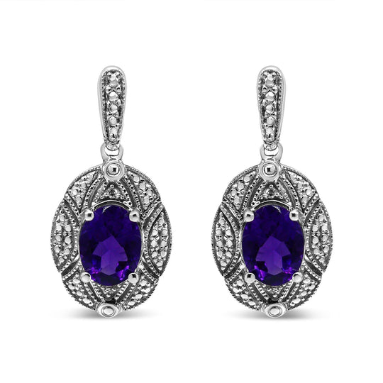 .925 Sterling Silver Diamond Accent and 8x6mm Purple Oval Amethyst Stud Earrings (I-J Color, I1-I2 Clarity)-0