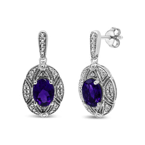 .925 Sterling Silver Diamond Accent and 8x6mm Purple Oval Amethyst Stud Earrings (I-J Color, I1-I2 Clarity)-1