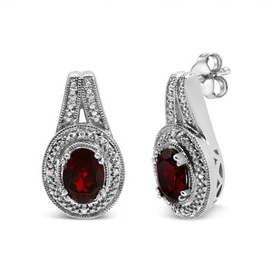 .925 Sterling Silver Diamond Accent and 8x6mm Red Oval Garnet Stud Earrings (I-J Color, I1-I2 Clarity)-1