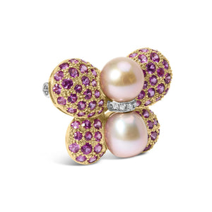 18K Yellow and White Gold 9MM South Sea Pearl and Pink Sapphire Butterfly Pin Brooch with Diamond Accent (F-G Color, VS1-VS2 Clarity)-1