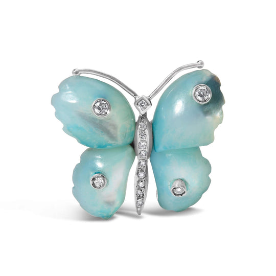 18K White Gold Blue Mother of Pearl and Diamond Accent Butterfly Pin Brooch (F-G Color, VS1-VS2 Clarity)-0
