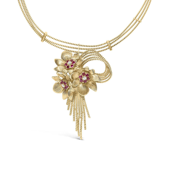 18K Yellow Gold Diamond and Red Ruby Floral Cascade Statement Necklace with 16