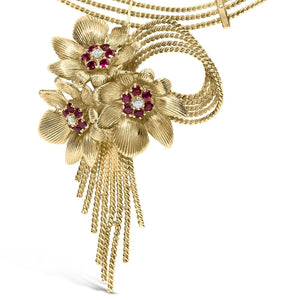 18K Yellow Gold Diamond and Red Ruby Floral Cascade Statement Necklace with 16