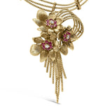 18K Yellow Gold Diamond and Red Ruby Floral Cascade Statement Necklace with 16