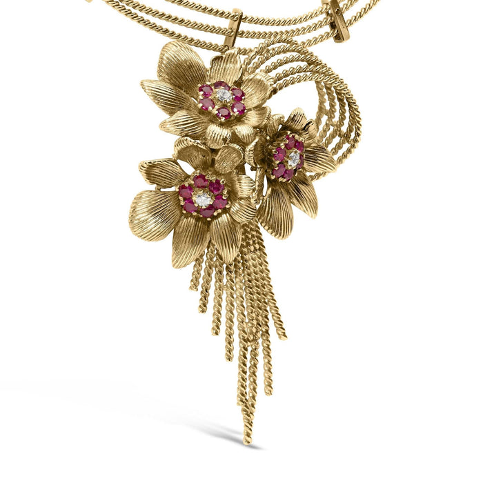 18K Yellow Gold Diamond and Red Ruby Floral Cascade Statement Necklace with 16