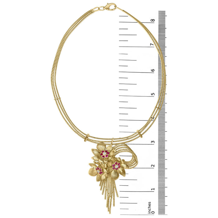 18K Yellow Gold Diamond and Red Ruby Floral Cascade Statement Necklace with 16